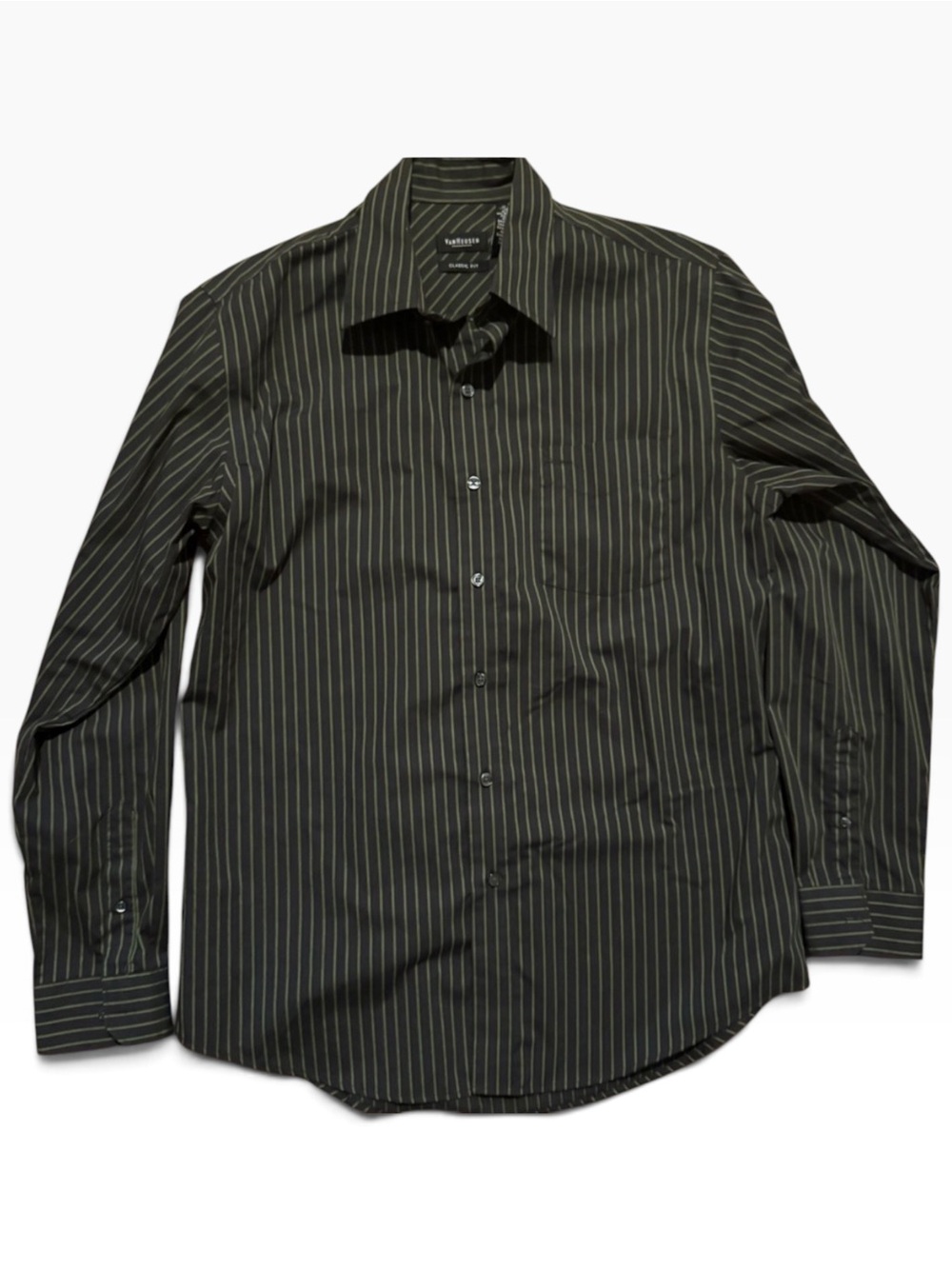 Van Heusen Classic Fit Men’s Medium Black Olive Green Striped Button Front Dress